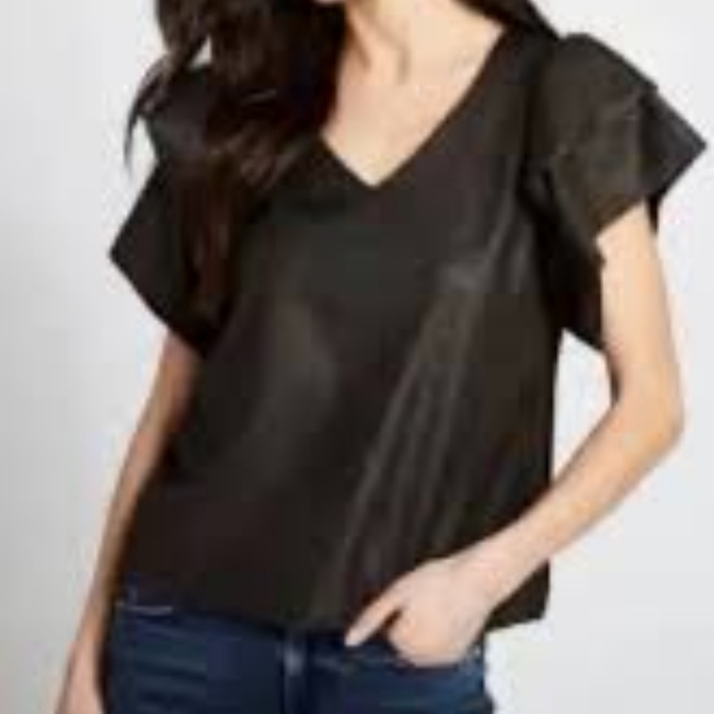 Drew dark green foil suede V-neck ruffled sleeve top Sz XS